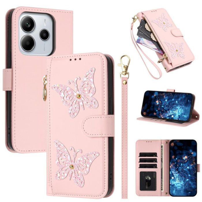 Funda para teléfono de piel vegana con cremallera y mariposa brillante, con correa para la muñeca., For Redmi Note 14S 4G Global, For Redmi K80 / K80 Pro, For Redmi Note 14 4G 164.84mm, For Redmi Note 14 Pro 5G, For Redmi Note 14 5G                    ...