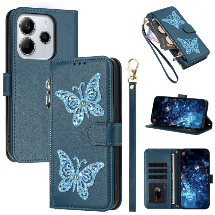 Funda para teléfono de piel vegana con cremallera y mariposa brillante, con correa para la muñeca., For Redmi Note 14S 4G Global, For Redmi K80 / K80 Pro, For Redmi Note 14 4G 164.84mm, For Redmi Note 14 Pro 5G, For Redmi Note 14 5G                    ...
