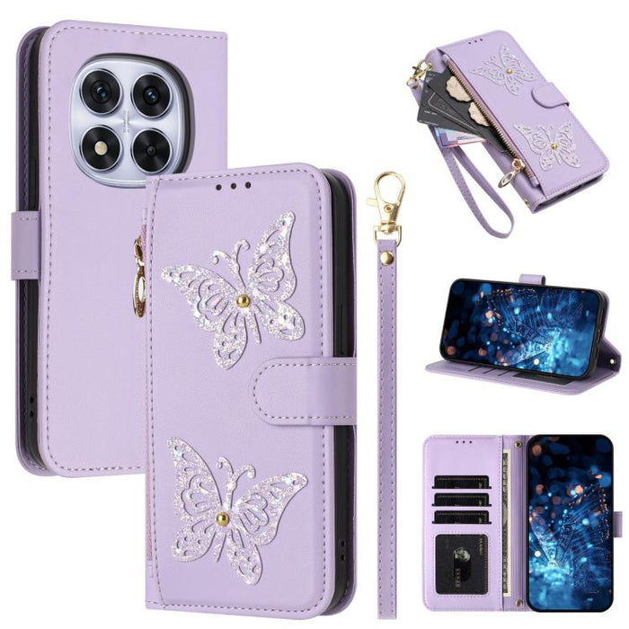 Funda para teléfono de piel vegana con cremallera y mariposa brillante, con correa para la muñeca., For Redmi Note 14S 4G Global, For Redmi K80 / K80 Pro, For Redmi Note 14 4G 164.84mm, For Redmi Note 14 Pro 5G, For Redmi Note 14 5G                    ...