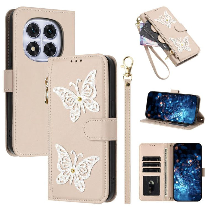 Funda para teléfono de piel vegana con cremallera y mariposa brillante, con correa para la muñeca., For Redmi Note 14S 4G Global, For Redmi K80 / K80 Pro, For Redmi Note 14 4G 164.84mm, For Redmi Note 14 Pro 5G, For Redmi Note 14 5G                    ...