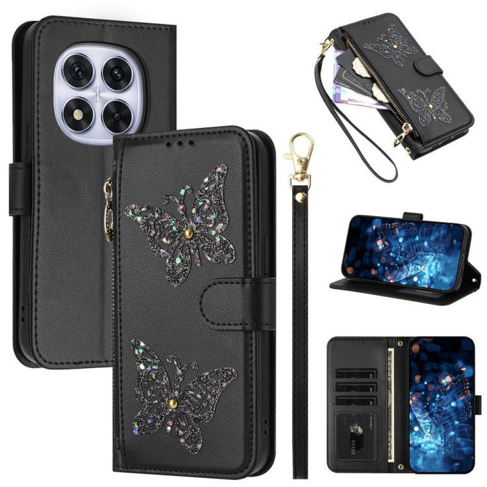 Funda para teléfono de piel vegana con cremallera y mariposa brillante, con correa para la muñeca., For Redmi Note 14S 4G Global, For Redmi K80 / K80 Pro, For Redmi Note 14 4G 164.84mm, For Redmi Note 14 Pro 5G, For Redmi Note 14 5G                    ...