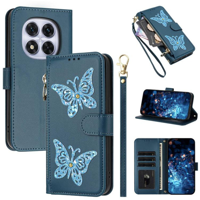 Funda para teléfono de piel vegana con cremallera y mariposa brillante, con correa para la muñeca., For Redmi Note 14S 4G Global, For Redmi K80 / K80 Pro, For Redmi Note 14 4G 164.84mm, For Redmi Note 14 Pro 5G, For Redmi Note 14 5G                    ...