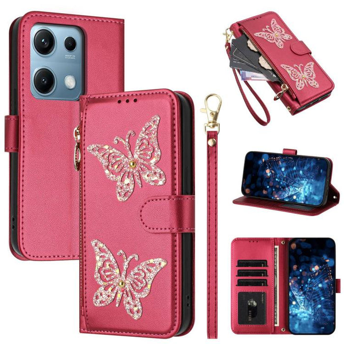 Funda para teléfono de piel vegana con cremallera y mariposa brillante, con correa para la muñeca., For Redmi Note 14S 4G Global, For Redmi K80 / K80 Pro, For Redmi Note 14 4G 164.84mm, For Redmi Note 14 Pro 5G, For Redmi Note 14 5G                    ...