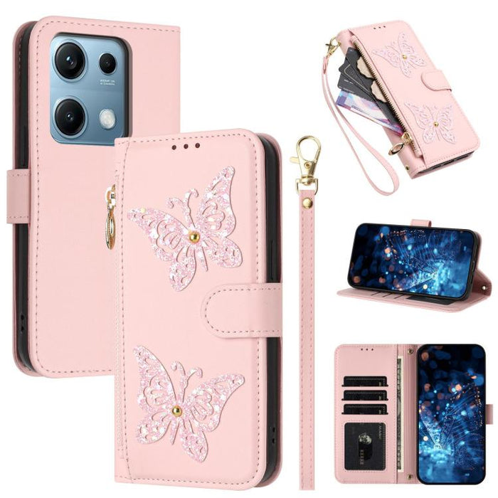 Funda para teléfono de piel vegana con cremallera y mariposa brillante, con correa para la muñeca., For Redmi Note 14S 4G Global, For Redmi K80 / K80 Pro, For Redmi Note 14 4G 164.84mm, For Redmi Note 14 Pro 5G, For Redmi Note 14 5G                    ...