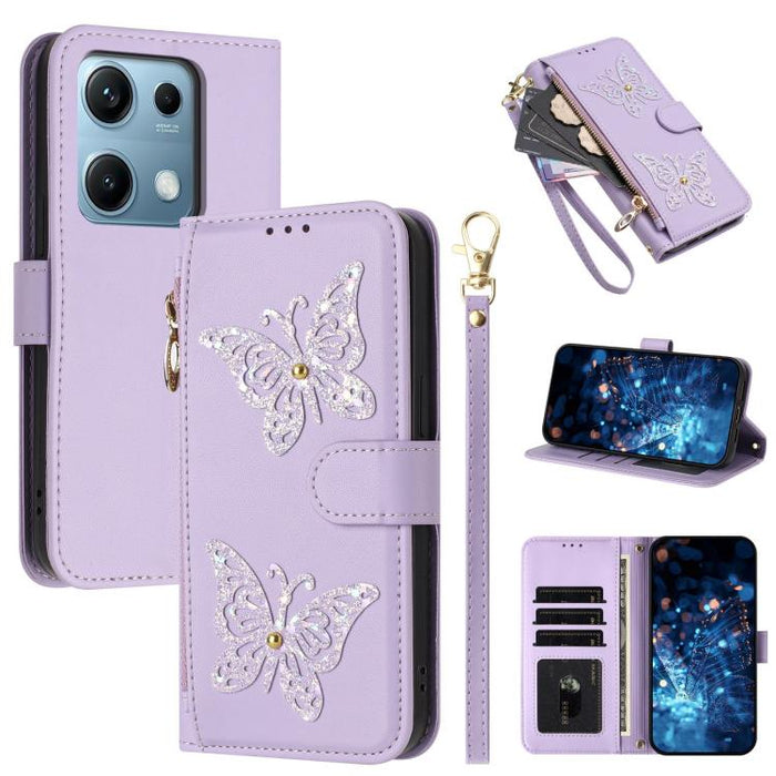 Funda para teléfono de piel vegana con cremallera y mariposa brillante, con correa para la muñeca., For Redmi Note 14S 4G Global, For Redmi K80 / K80 Pro, For Redmi Note 14 4G 164.84mm, For Redmi Note 14 Pro 5G, For Redmi Note 14 5G                    ...