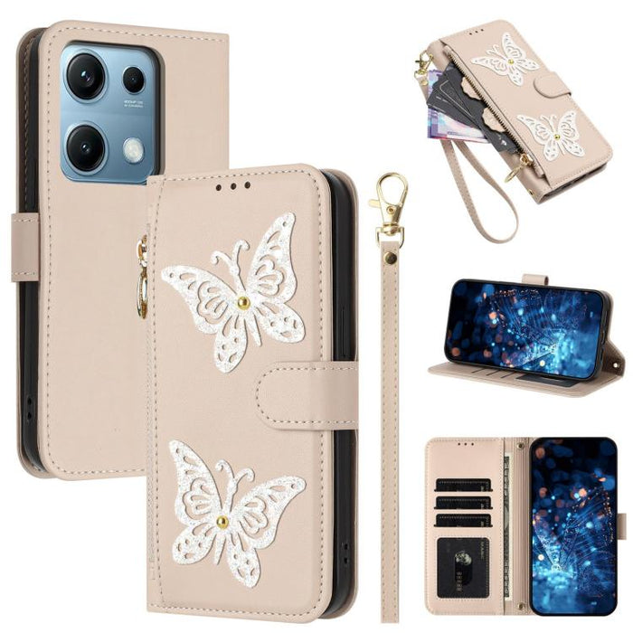 Funda para teléfono de piel vegana con cremallera y mariposa brillante, con correa para la muñeca., For Redmi Note 14S 4G Global, For Redmi K80 / K80 Pro, For Redmi Note 14 4G 164.84mm, For Redmi Note 14 Pro 5G, For Redmi Note 14 5G                    ...