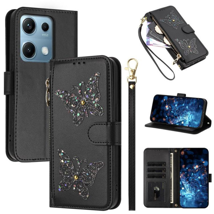 Funda para teléfono de piel vegana con cremallera y mariposa brillante, con correa para la muñeca., For Redmi Note 14S 4G Global, For Redmi K80 / K80 Pro, For Redmi Note 14 4G 164.84mm, For Redmi Note 14 Pro 5G, For Redmi Note 14 5G                    ...