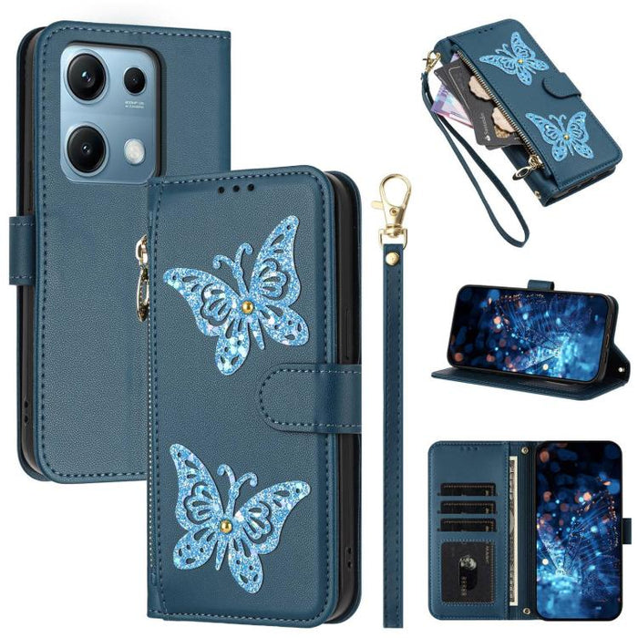 Funda para teléfono de piel vegana con cremallera y mariposa brillante, con correa para la muñeca., For Redmi Note 14S 4G Global, For Redmi K80 / K80 Pro, For Redmi Note 14 4G 164.84mm, For Redmi Note 14 Pro 5G, For Redmi Note 14 5G                    ...