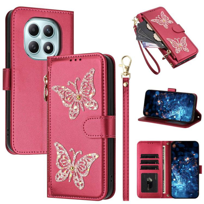 Funda para teléfono de piel vegana con cremallera y mariposa brillante, con correa para la muñeca., For Redmi 15a 5G Global, For Redmi Turbo 5 Max / Poco X8 Pro Max, For Redmi Turbo 5 / Poco X8 Pro 5G, For Redmi Note 15 Pro+ 5G Global 163.3mm          ...