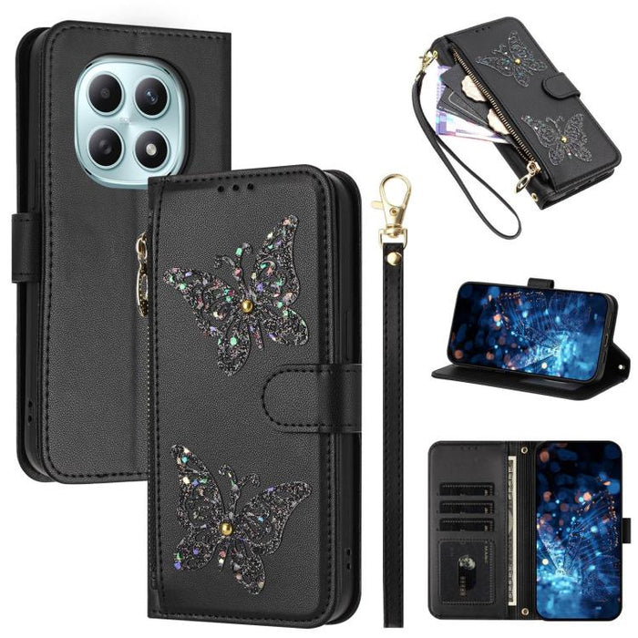 Funda para teléfono de piel vegana con cremallera y mariposa brillante, con correa para la muñeca., For Redmi 15a 5G Global, For Redmi Turbo 5 Max / Poco X8 Pro Max, For Redmi Turbo 5 / Poco X8 Pro 5G, For Redmi Note 15 Pro+ 5G Global 163.3mm          ...