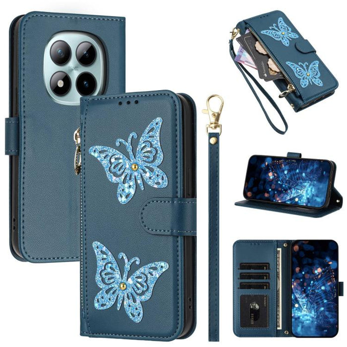 Funda para teléfono de piel vegana con cremallera y mariposa brillante, con correa para la muñeca., For Redmi 15a 5G Global, For Redmi Turbo 5 Max / Poco X8 Pro Max, For Redmi Turbo 5 / Poco X8 Pro 5G, For Redmi Note 15 Pro+ 5G Global 163.3mm          ...
