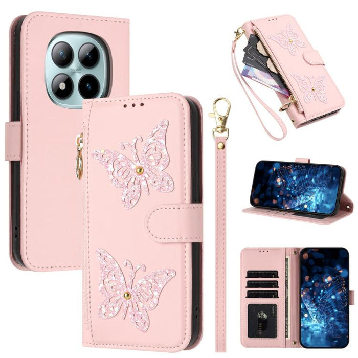 Funda para teléfono de piel vegana con cremallera y mariposa brillante, con correa para la muñeca., For Redmi 15a 5G Global, For Redmi Turbo 5 Max / Poco X8 Pro Max, For Redmi Turbo 5 / Poco X8 Pro 5G, For Redmi Note 15 Pro+ 5G Global 163.3mm          ...