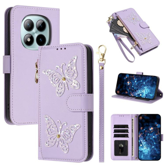 Funda para teléfono de piel vegana con cremallera y mariposa brillante, con correa para la muñeca., For Redmi 15a 5G Global, For Redmi Turbo 5 Max / Poco X8 Pro Max, For Redmi Turbo 5 / Poco X8 Pro 5G, For Redmi Note 15 Pro+ 5G Global 163.3mm          ...