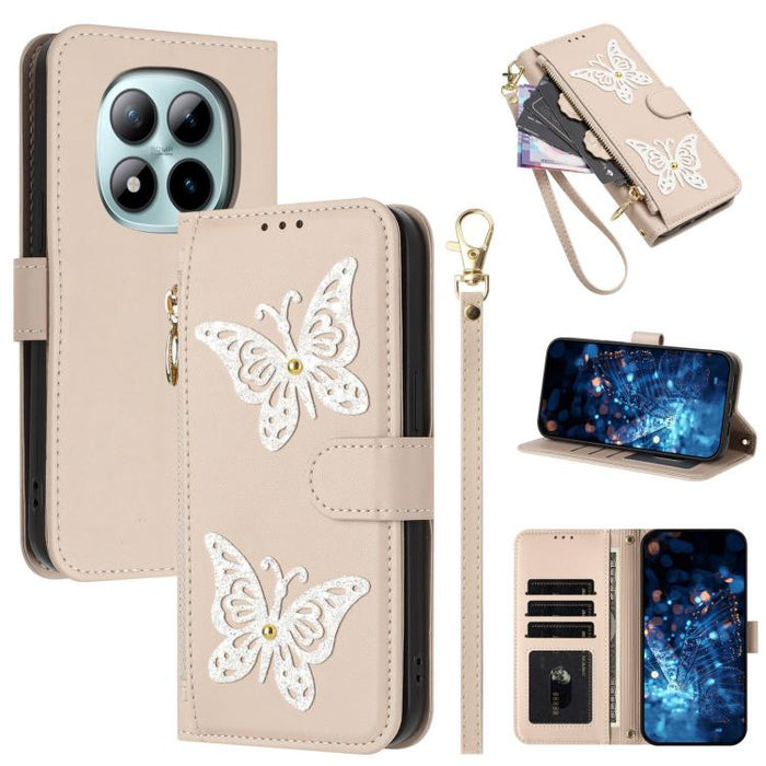 Funda para teléfono de piel vegana con cremallera y mariposa brillante, con correa para la muñeca., For Redmi 15a 5G Global, For Redmi Turbo 5 Max / Poco X8 Pro Max, For Redmi Turbo 5 / Poco X8 Pro 5G, For Redmi Note 15 Pro+ 5G Global 163.3mm          ...