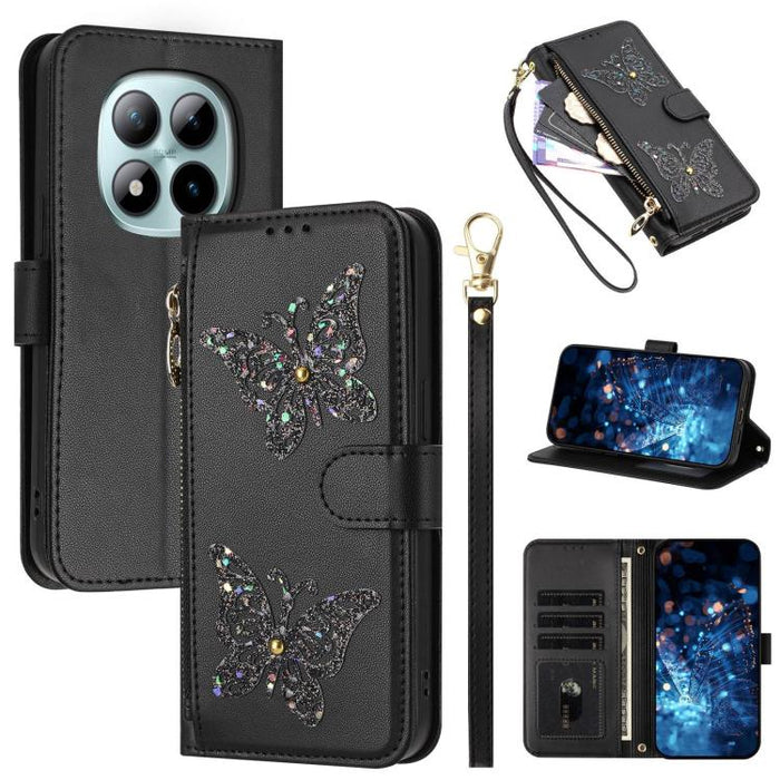 Funda para teléfono de piel vegana con cremallera y mariposa brillante, con correa para la muñeca., For Redmi 15a 5G Global, For Redmi Turbo 5 Max / Poco X8 Pro Max, For Redmi Turbo 5 / Poco X8 Pro 5G, For Redmi Note 15 Pro+ 5G Global 163.3mm          ...