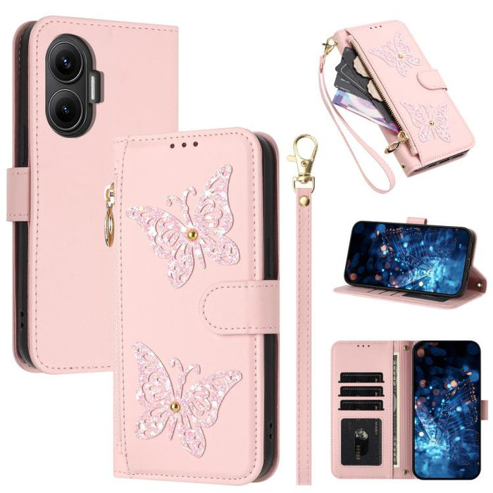 Funda para teléfono de piel vegana con cremallera y mariposa brillante, con correa para la muñeca., For Redmi 15a 5G Global, For Redmi Turbo 5 Max / Poco X8 Pro Max, For Redmi Turbo 5 / Poco X8 Pro 5G, For Redmi Note 15 Pro+ 5G Global 163.3mm          ...