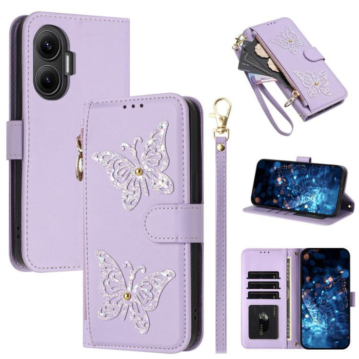 Funda para teléfono de piel vegana con cremallera y mariposa brillante, con correa para la muñeca., For Redmi 15a 5G Global, For Redmi Turbo 5 Max / Poco X8 Pro Max, For Redmi Turbo 5 / Poco X8 Pro 5G, For Redmi Note 15 Pro+ 5G Global 163.3mm          ...