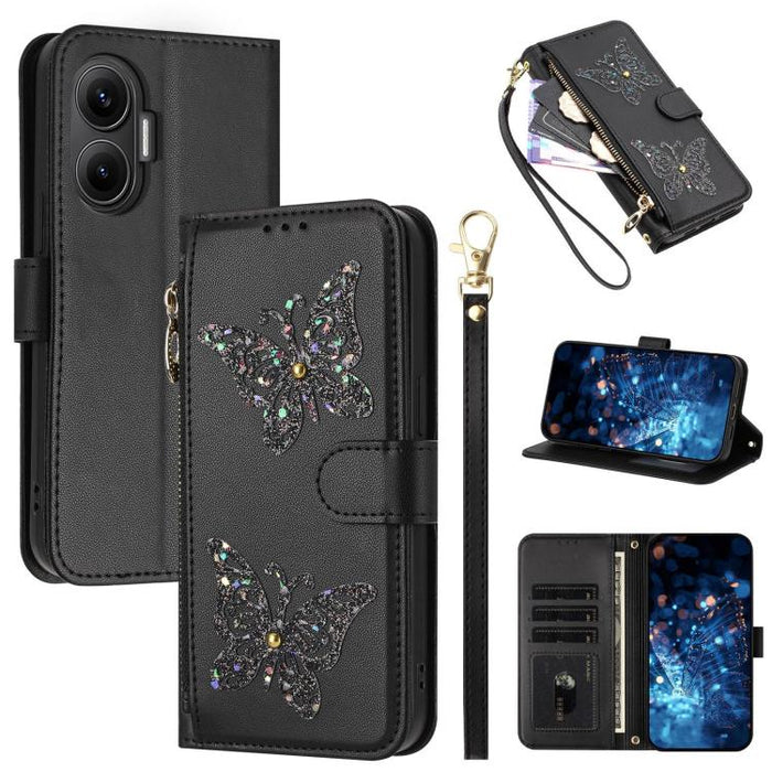 Funda para teléfono de piel vegana con cremallera y mariposa brillante, con correa para la muñeca., For Redmi 15a 5G Global, For Redmi Turbo 5 Max / Poco X8 Pro Max, For Redmi Turbo 5 / Poco X8 Pro 5G, For Redmi Note 15 Pro+ 5G Global 163.3mm          ...