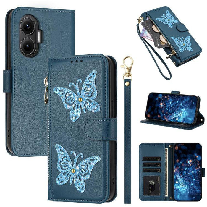 Funda para teléfono de piel vegana con cremallera y mariposa brillante, con correa para la muñeca., For Redmi 15a 5G Global, For Redmi Turbo 5 Max / Poco X8 Pro Max, For Redmi Turbo 5 / Poco X8 Pro 5G, For Redmi Note 15 Pro+ 5G Global 163.3mm          ...