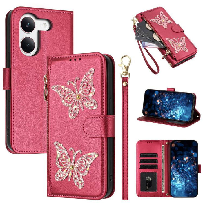Funda para teléfono de piel vegana con cremallera y mariposa brillante, con correa para la muñeca., For Redmi 15a 5G Global, For Redmi Turbo 5 Max / Poco X8 Pro Max, For Redmi Turbo 5 / Poco X8 Pro 5G, For Redmi Note 15 Pro+ 5G Global 163.3mm          ...