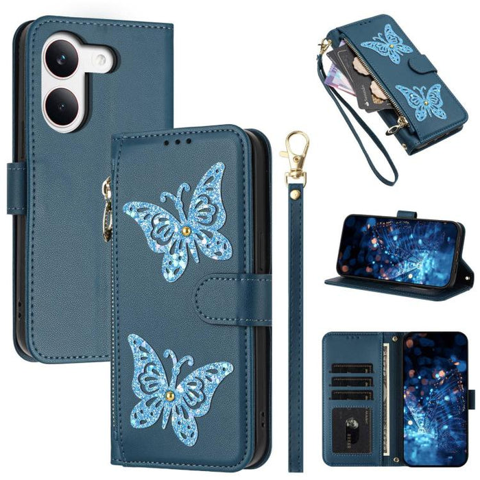 Funda para teléfono de piel vegana con cremallera y mariposa brillante, con correa para la muñeca., For Redmi 15a 5G Global, For Redmi Turbo 5 Max / Poco X8 Pro Max, For Redmi Turbo 5 / Poco X8 Pro 5G, For Redmi Note 15 Pro+ 5G Global 163.3mm          ...