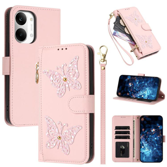 Funda para teléfono de piel vegana con cremallera y mariposa brillante, con correa para la muñeca., For Redmi 15a 5G Global, For Redmi Turbo 5 Max / Poco X8 Pro Max, For Redmi Turbo 5 / Poco X8 Pro 5G, For Redmi Note 15 Pro+ 5G Global 163.3mm          ...