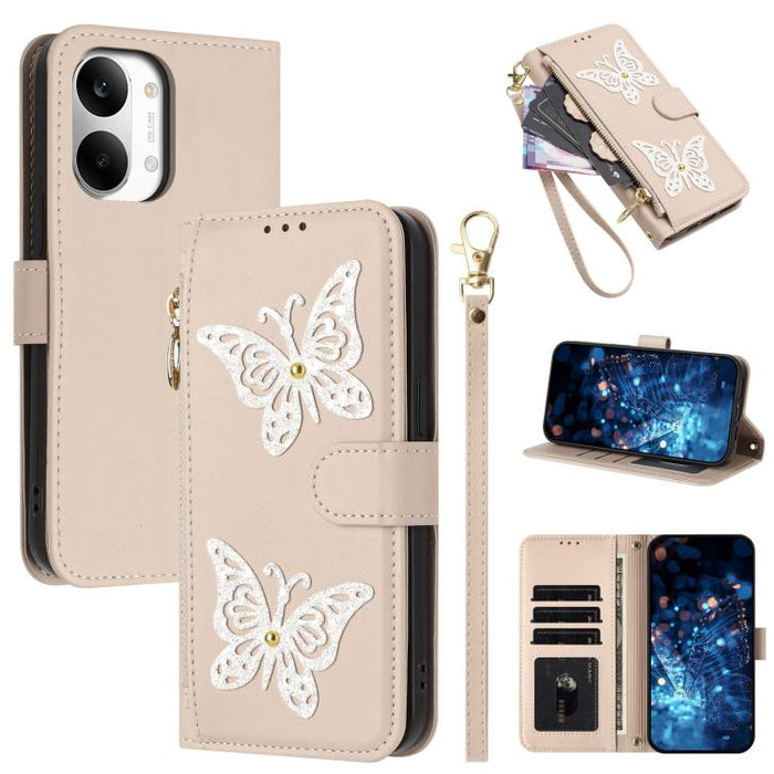 Funda para teléfono de piel vegana con cremallera y mariposa brillante, con correa para la muñeca., For Redmi 15a 5G Global, For Redmi Turbo 5 Max / Poco X8 Pro Max, For Redmi Turbo 5 / Poco X8 Pro 5G, For Redmi Note 15 Pro+ 5G Global 163.3mm          ...