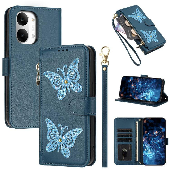 Funda para teléfono de piel vegana con cremallera y mariposa brillante, con correa para la muñeca., For Redmi 15a 5G Global, For Redmi Turbo 5 Max / Poco X8 Pro Max, For Redmi Turbo 5 / Poco X8 Pro 5G, For Redmi Note 15 Pro+ 5G Global 163.3mm          ...