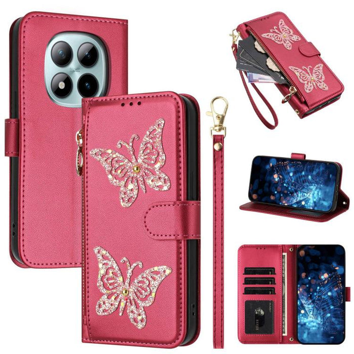 Funda para teléfono de piel vegana con cremallera y mariposa brillante, con correa para la muñeca., For Redmi 15a 5G Global, For Redmi Turbo 5 Max / Poco X8 Pro Max, For Redmi Turbo 5 / Poco X8 Pro 5G, For Redmi Note 15 Pro+ 5G Global 163.3mm          ...