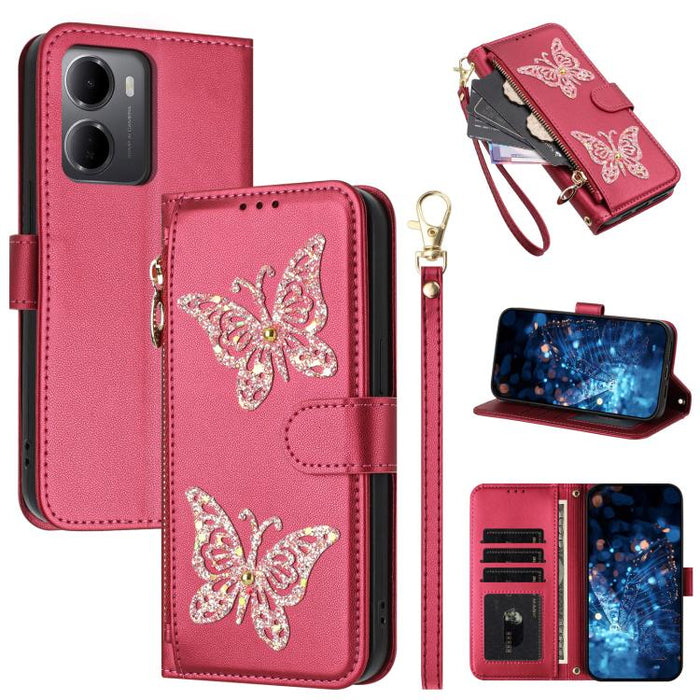 Funda para teléfono de piel vegana con cremallera y mariposa brillante, con correa para la muñeca., For Redmi 15a 5G Global, For Redmi Turbo 5 Max / Poco X8 Pro Max, For Redmi Turbo 5 / Poco X8 Pro 5G, For Redmi Note 15 Pro+ 5G Global 163.3mm          ...
