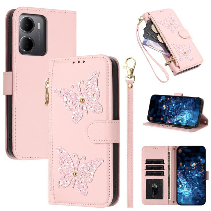 Funda para teléfono de piel vegana con cremallera y mariposa brillante, con correa para la muñeca., For Redmi 15a 5G Global, For Redmi Turbo 5 Max / Poco X8 Pro Max, For Redmi Turbo 5 / Poco X8 Pro 5G, For Redmi Note 15 Pro+ 5G Global 163.3mm          ...