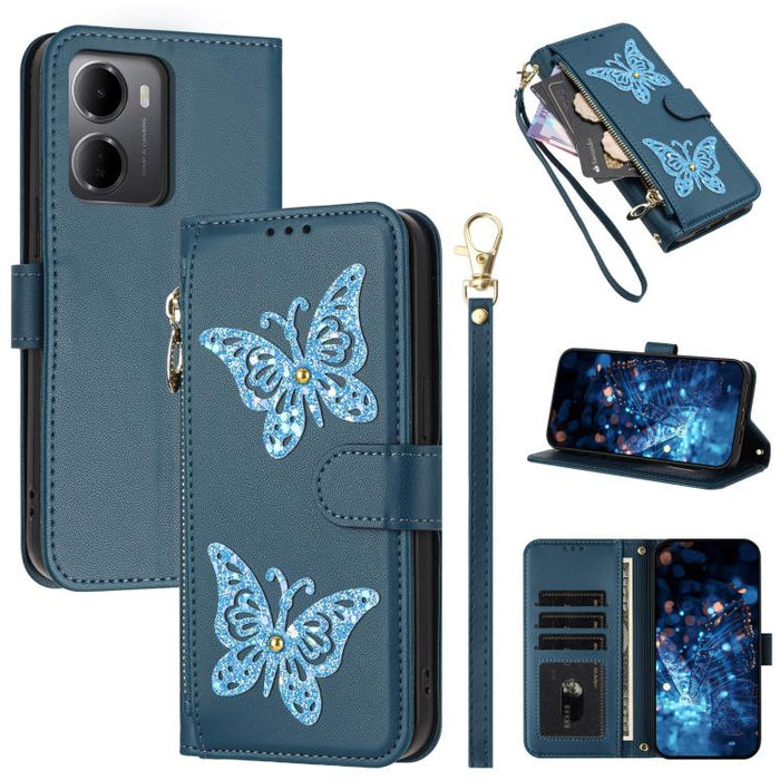 Funda para teléfono de piel vegana con cremallera y mariposa brillante, con correa para la muñeca., For Redmi 15a 5G Global, For Redmi Turbo 5 Max / Poco X8 Pro Max, For Redmi Turbo 5 / Poco X8 Pro 5G, For Redmi Note 15 Pro+ 5G Global 163.3mm          ...
