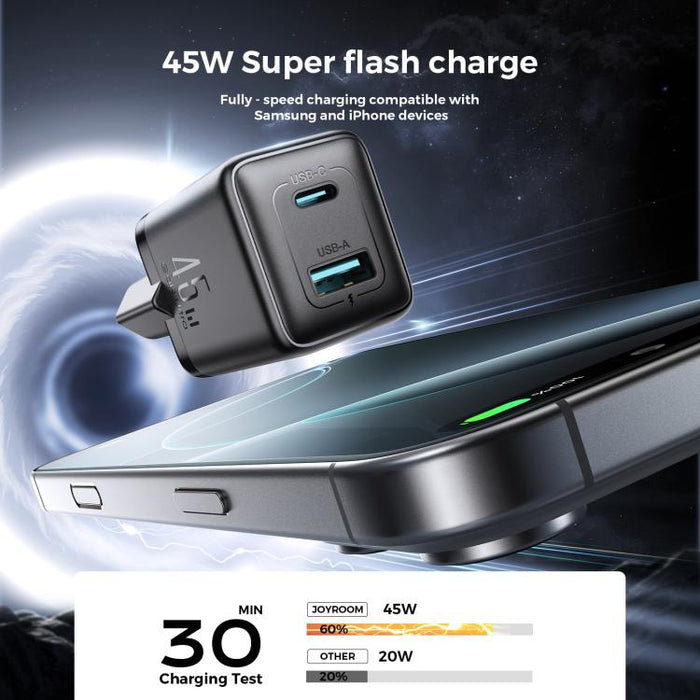 Cargador rápido GaN de doble interfaz USB y Tipo-C JOYROOM JR-TG8 de 45 W, EU Plug, UK Plug