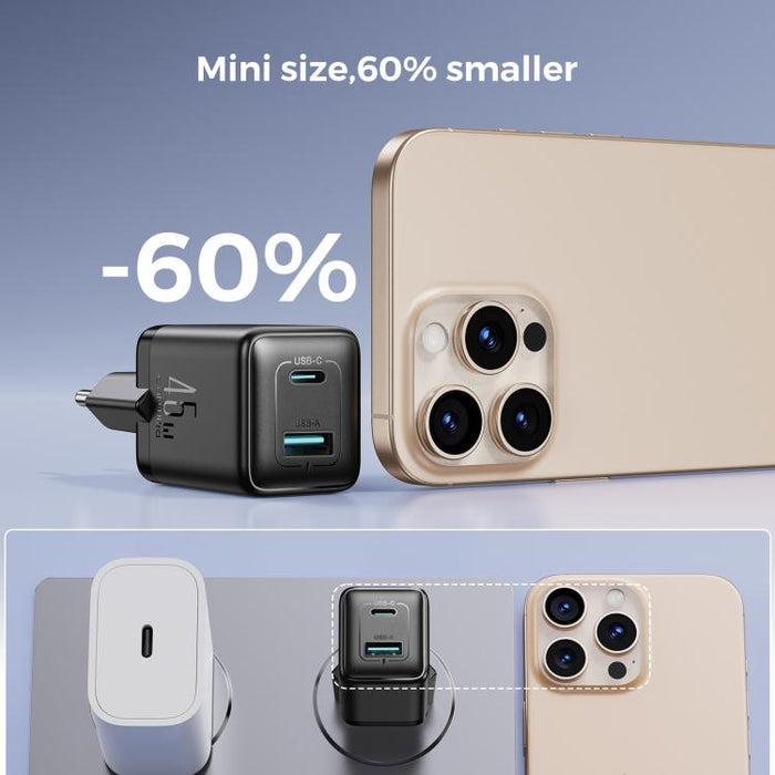 Cargador rápido GaN de doble interfaz USB y Tipo-C JOYROOM JR-TG8 de 45 W, EU Plug, UK Plug