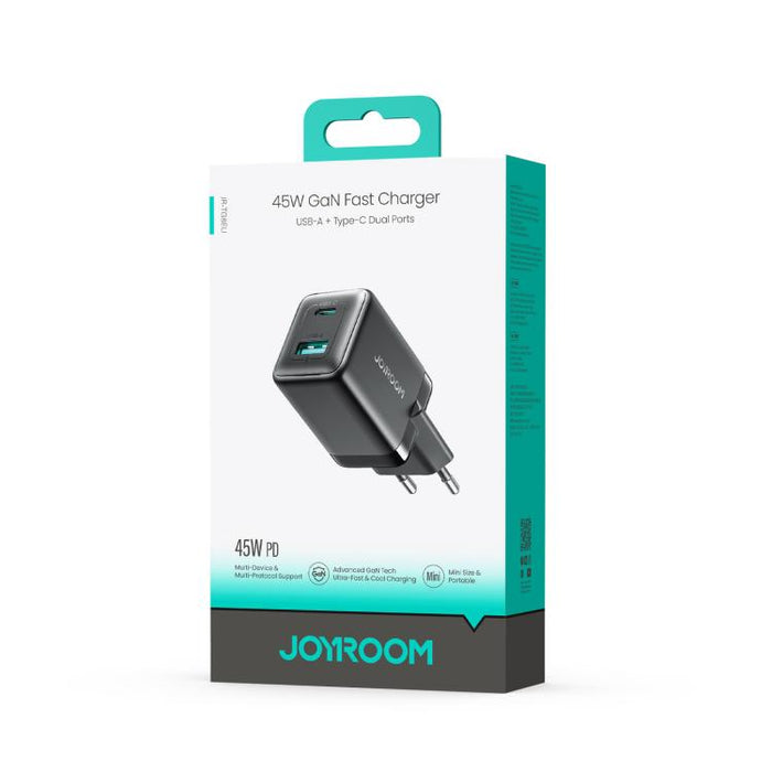 Cargador rápido GaN de doble interfaz USB y Tipo-C JOYROOM JR-TG8 de 45 W, EU Plug, UK Plug