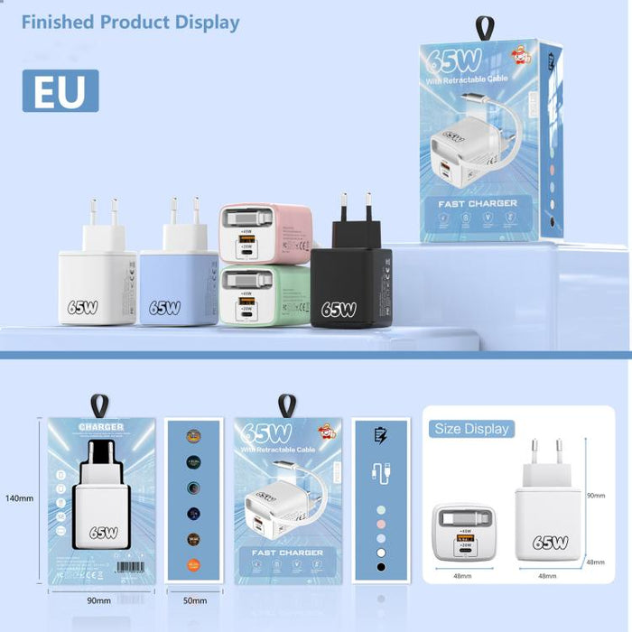 Cargador rápido Sugar Cube de 65 W con doble puerto USB y USB tipo C, con cable retráctil tipo C., EU Plug, US Plug, UK Plug