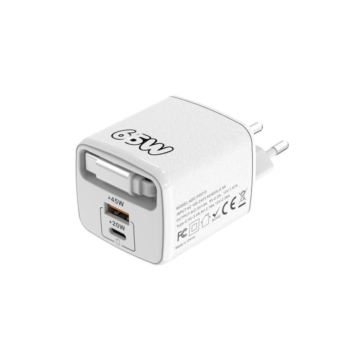 Cargador rápido Sugar Cube de 65 W con doble puerto USB y USB tipo C, con cable retráctil tipo C., EU Plug, US Plug, UK Plug