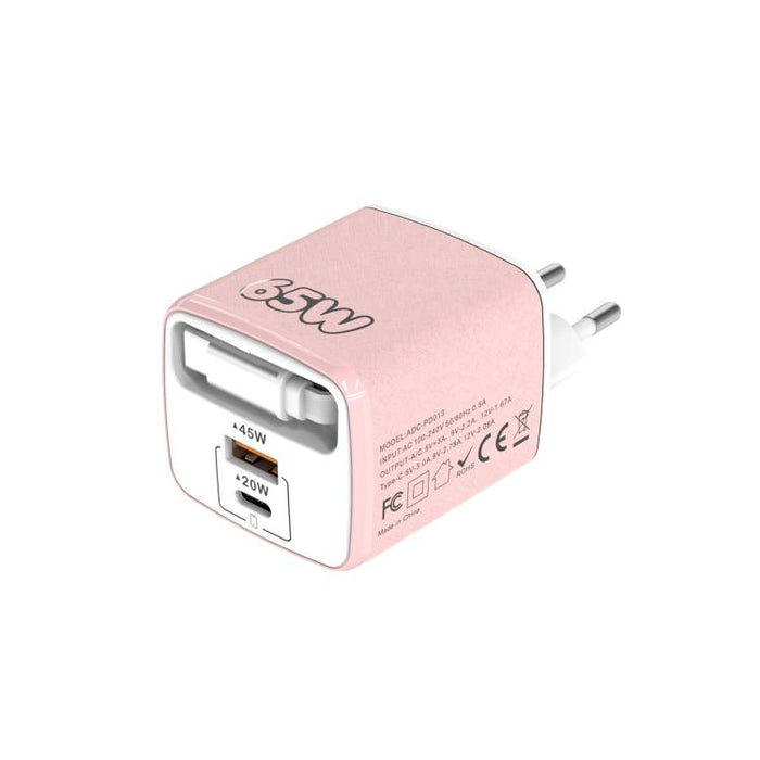 Cargador rápido Sugar Cube de 65 W con doble puerto USB y USB tipo C, con cable retráctil tipo C., EU Plug, US Plug, UK Plug