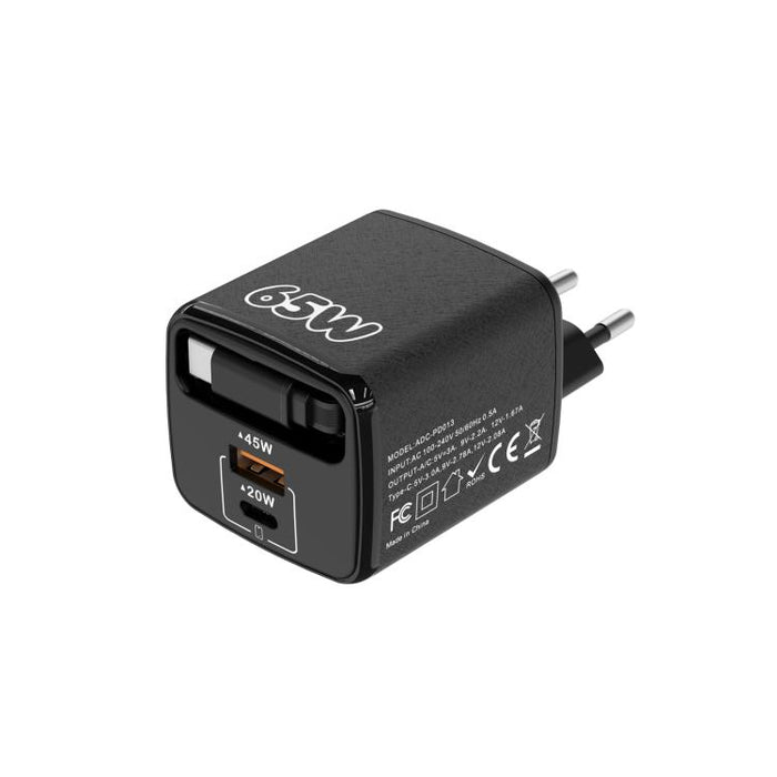 Cargador rápido Sugar Cube de 65 W con doble puerto USB y USB tipo C, con cable retráctil tipo C., EU Plug, US Plug, UK Plug
