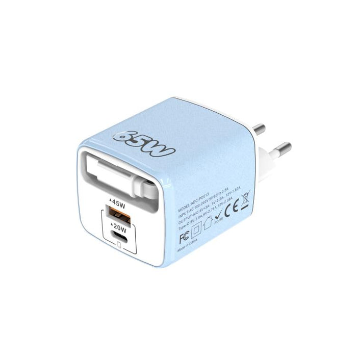 Cargador rápido Sugar Cube de 65 W con doble puerto USB y USB tipo C, con cable retráctil tipo C., EU Plug, US Plug, UK Plug