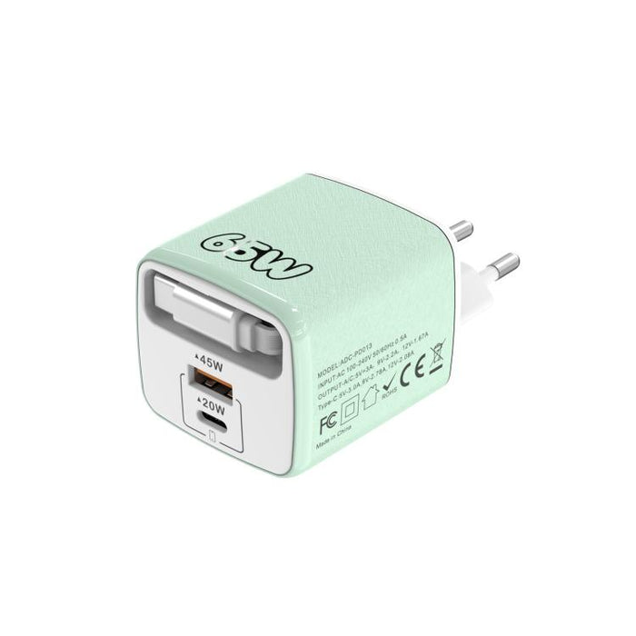 Cargador rápido Sugar Cube de 65 W con doble puerto USB y USB tipo C, con cable retráctil tipo C., EU Plug, US Plug, UK Plug