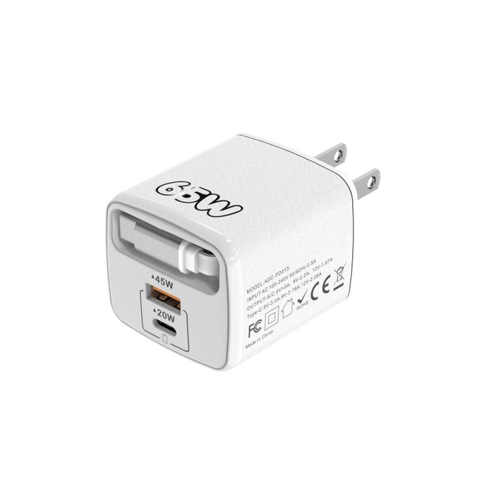 Cargador rápido Sugar Cube de 65 W con doble puerto USB y USB tipo C, con cable retráctil tipo C., EU Plug, US Plug, UK Plug