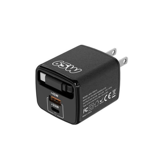 Cargador rápido Sugar Cube de 65 W con doble puerto USB y USB tipo C, con cable retráctil tipo C., EU Plug, US Plug, UK Plug