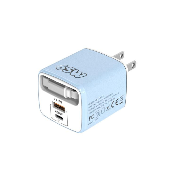 Cargador rápido Sugar Cube de 65 W con doble puerto USB y USB tipo C, con cable retráctil tipo C., EU Plug, US Plug, UK Plug