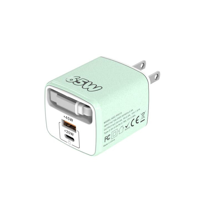 Cargador rápido Sugar Cube de 65 W con doble puerto USB y USB tipo C, con cable retráctil tipo C., EU Plug, US Plug, UK Plug