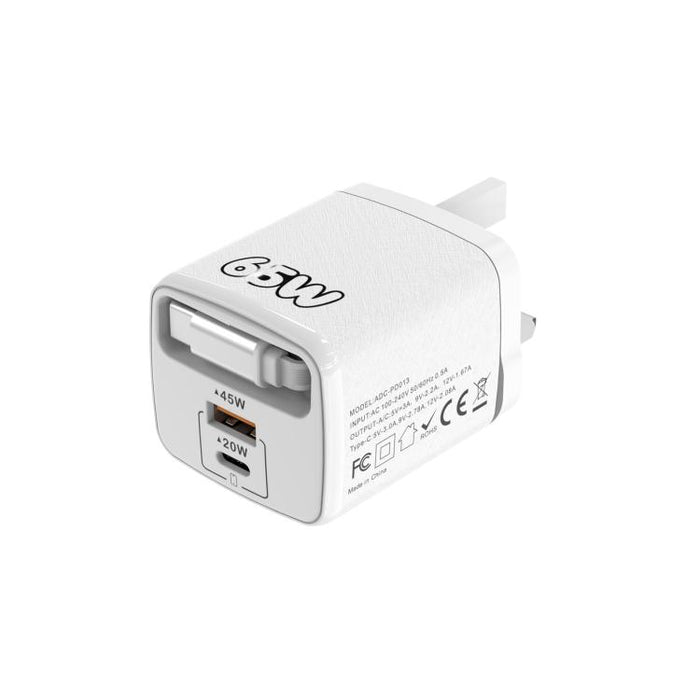 Cargador rápido Sugar Cube de 65 W con doble puerto USB y USB tipo C, con cable retráctil tipo C., EU Plug, US Plug, UK Plug