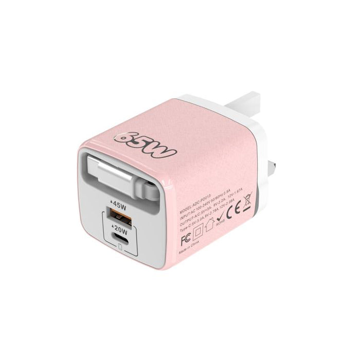 Cargador rápido Sugar Cube de 65 W con doble puerto USB y USB tipo C, con cable retráctil tipo C., EU Plug, US Plug, UK Plug
