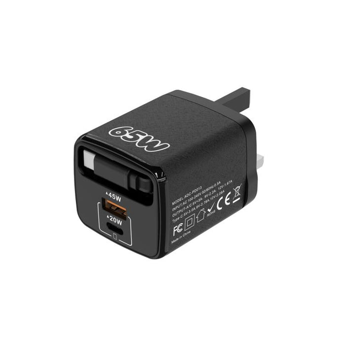 Cargador rápido Sugar Cube de 65 W con doble puerto USB y USB tipo C, con cable retráctil tipo C., EU Plug, US Plug, UK Plug