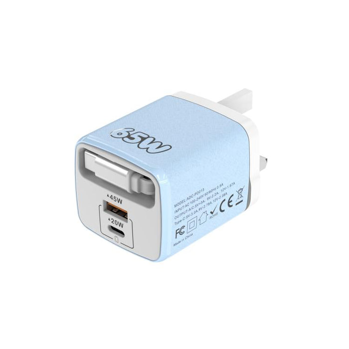 Cargador rápido Sugar Cube de 65 W con doble puerto USB y USB tipo C, con cable retráctil tipo C., EU Plug, US Plug, UK Plug