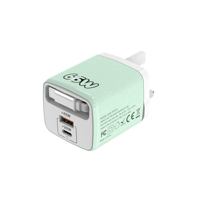 Cargador rápido Sugar Cube de 65 W con doble puerto USB y USB tipo C, con cable retráctil tipo C., EU Plug, US Plug, UK Plug